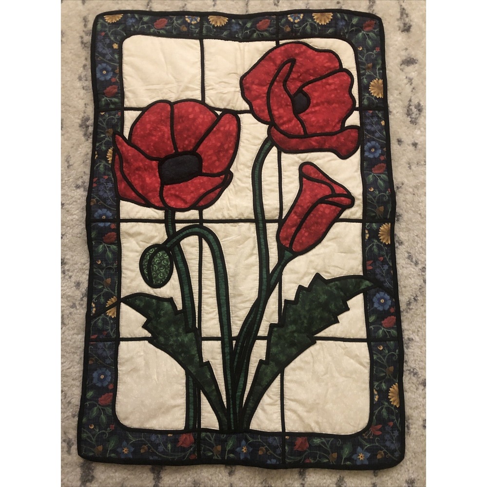 Quilted Poppies Wall Hanging Homemade Hand Quilted 21X32 Beautiful!